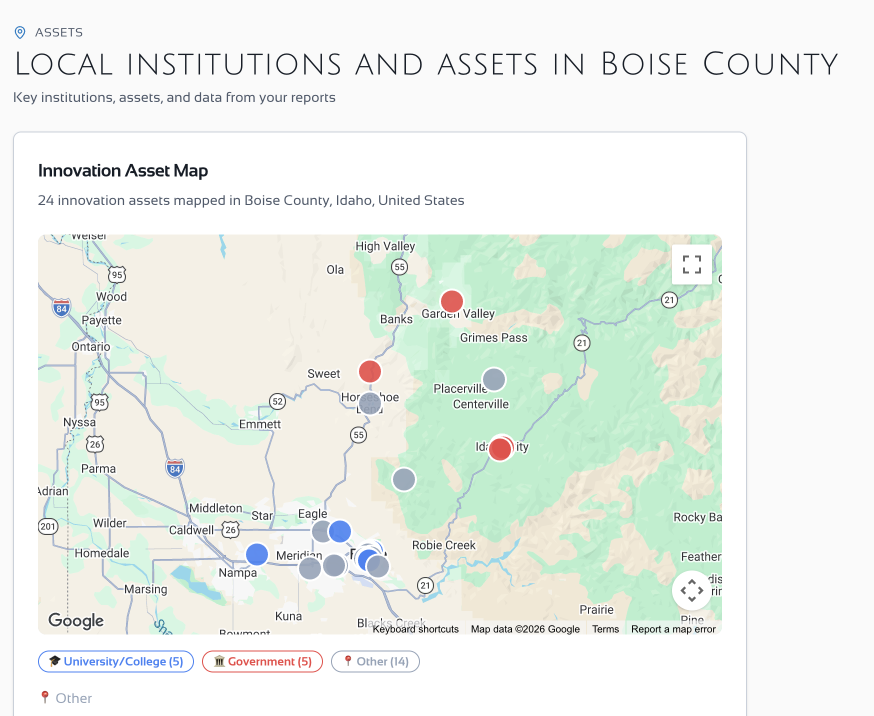 Map of 24 innovation assets in Boise County, Idaho, grouped by universities, government, and other organizations