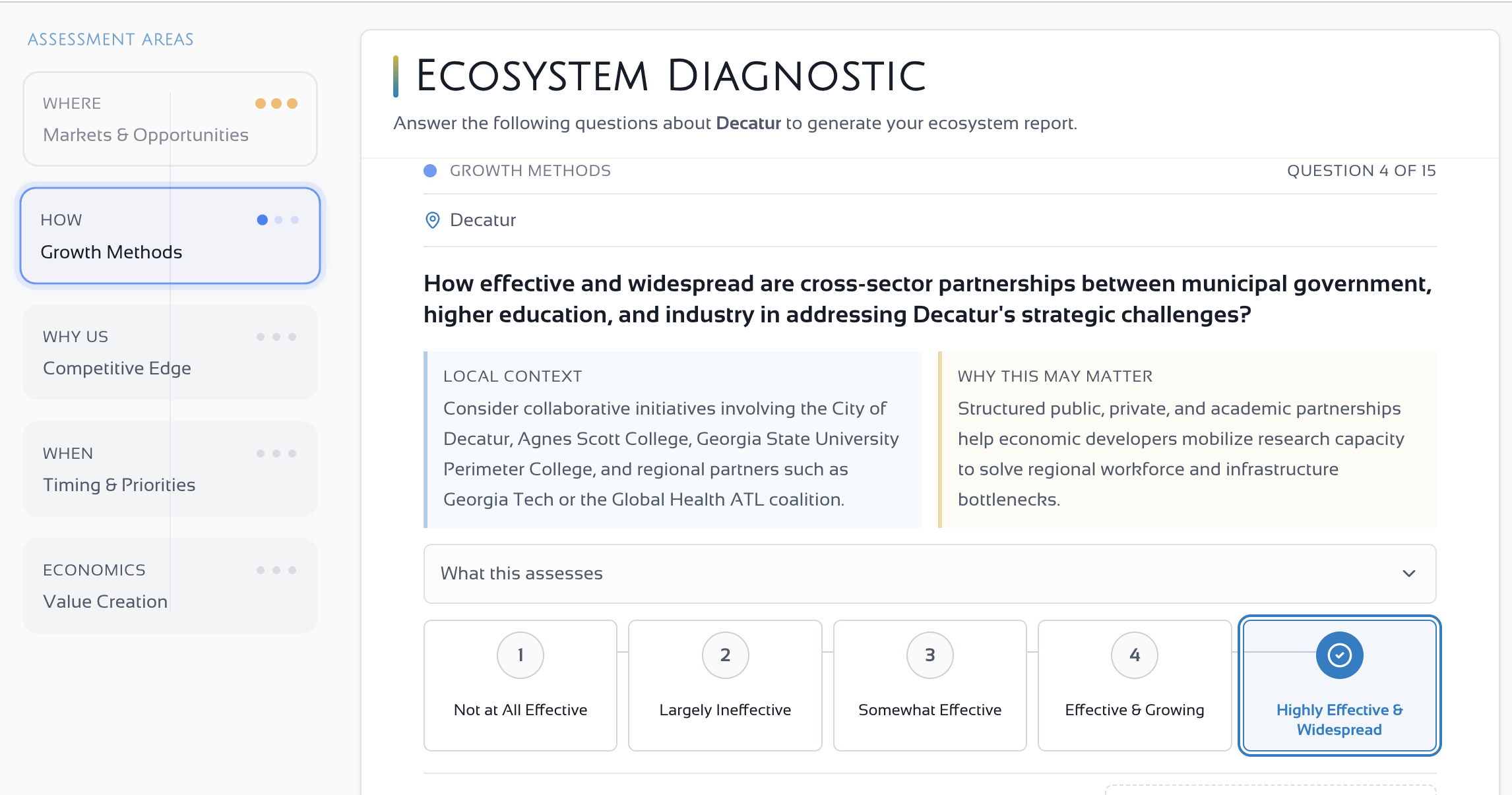 Diagnostic question for Decatur, Georgia, naming the City of Decatur, Agnes Scott College, Georgia State University Perimeter College, and Georgia Tech