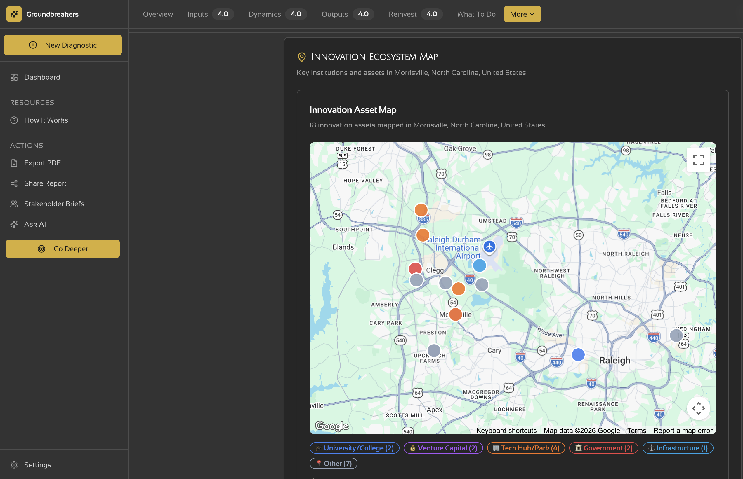 Innovation asset map showing universities, funders, infrastructure, and other regional institutions