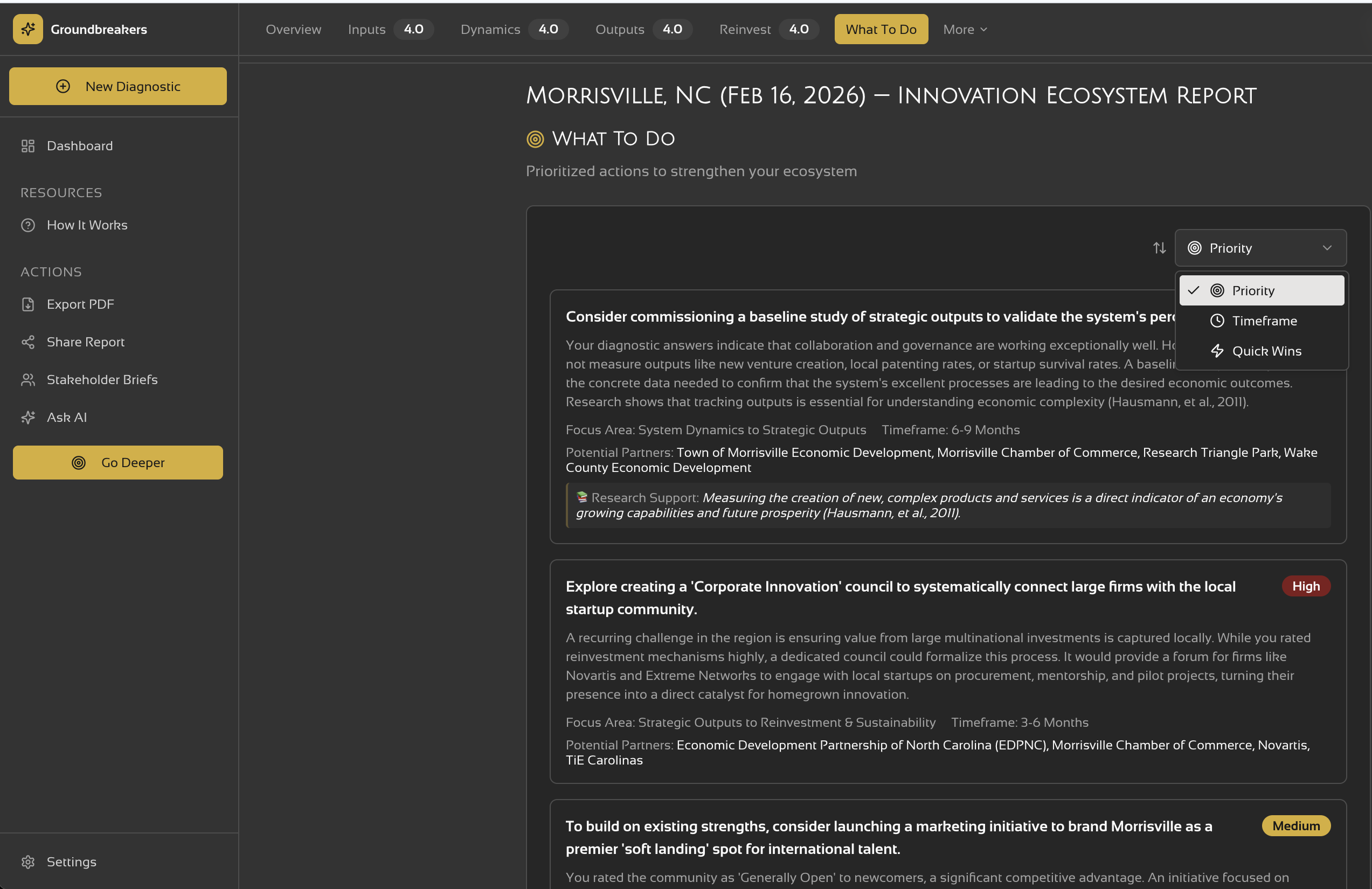 Prioritized regional recommendations with partners, timeframes, and research support